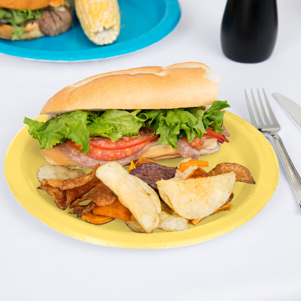 A sandwich and potato chips on a Creative Converting Mimosa Yellow paper plate.