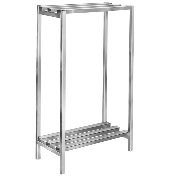 A Channel aluminum dunnage shelving unit with two shelves and four metal bars.