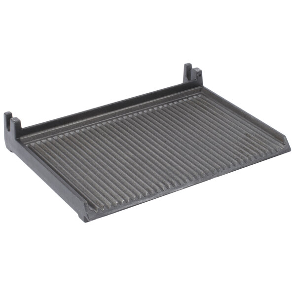 An Avantco grooved bottom grill plate with a black tray and metal grate.