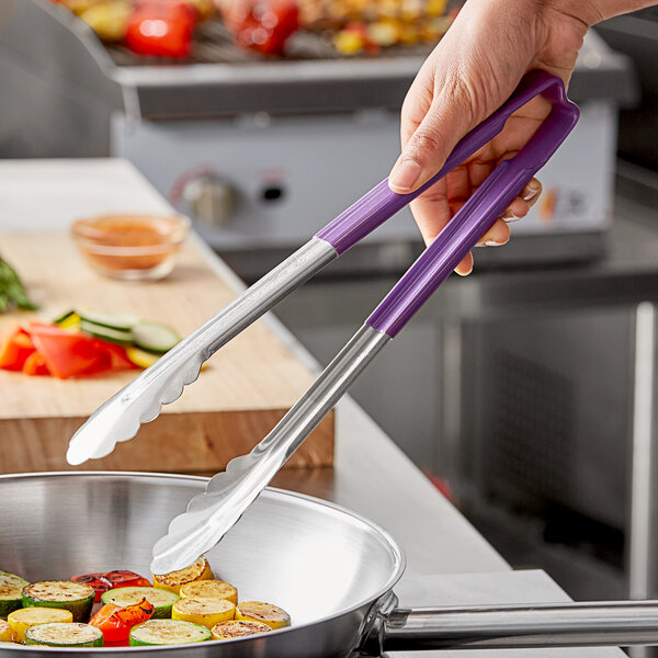 Vollrath 4781280 Jacob's Pride 12" Stainless Steel Scalloped Tongs with Purple Allergen-Free Coated Kool Touch® Handle