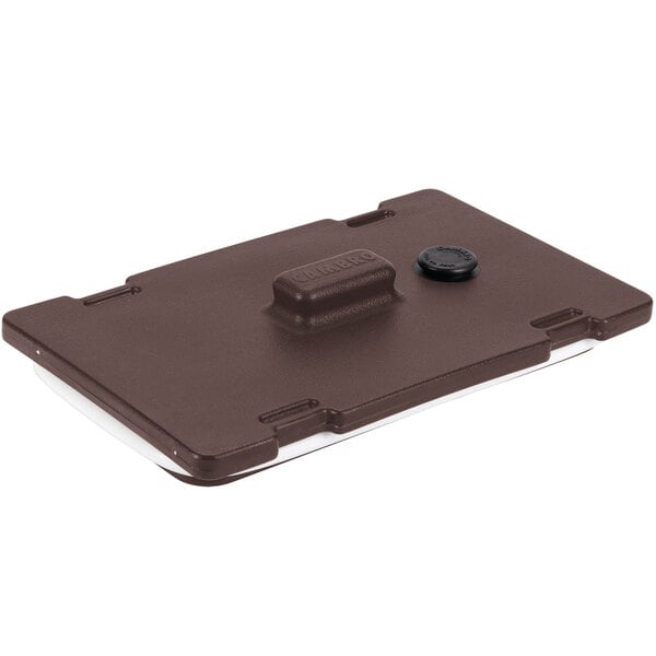 A brown plastic Cambro lid with a black rectangular vent and gasket.