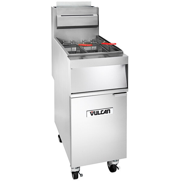 A large stainless steel Vulcan gas floor fryer with a drawer.