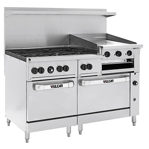 A Vulcan commercial gas range with griddle over a standard oven.