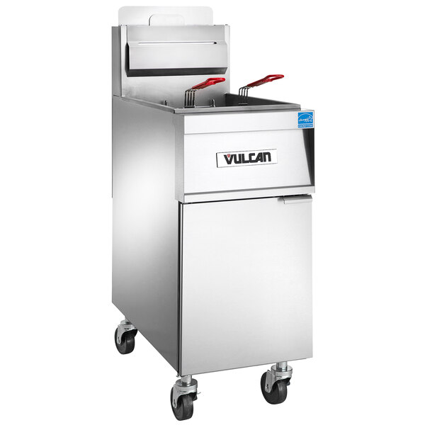 A large stainless steel Vulcan gas floor fryer with solid state analog controls.