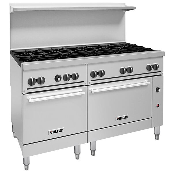A Vulcan stainless steel commercial range with black knobs.
