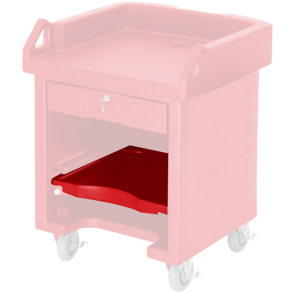 A red plastic Cambro Versa cart shelf.