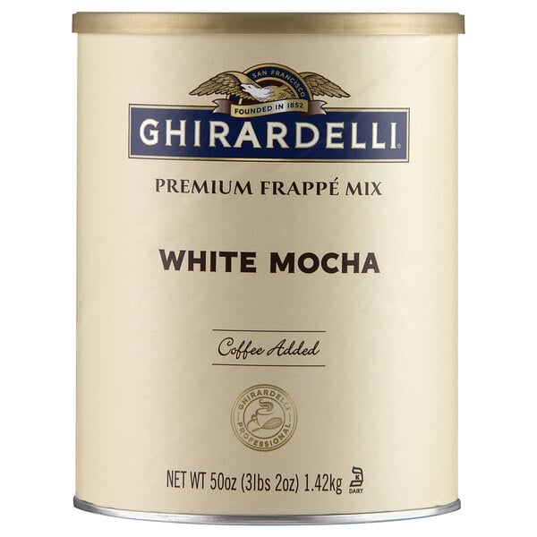 A white canister of Ghirardelli White Mocha Frappe Mix with a label.