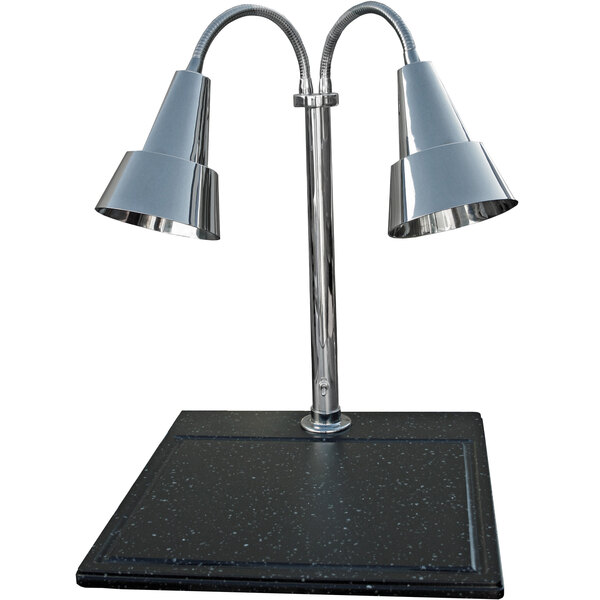 A Hanson Heat Lamps chrome carving station with two lamps over a black synthetic granite base.
