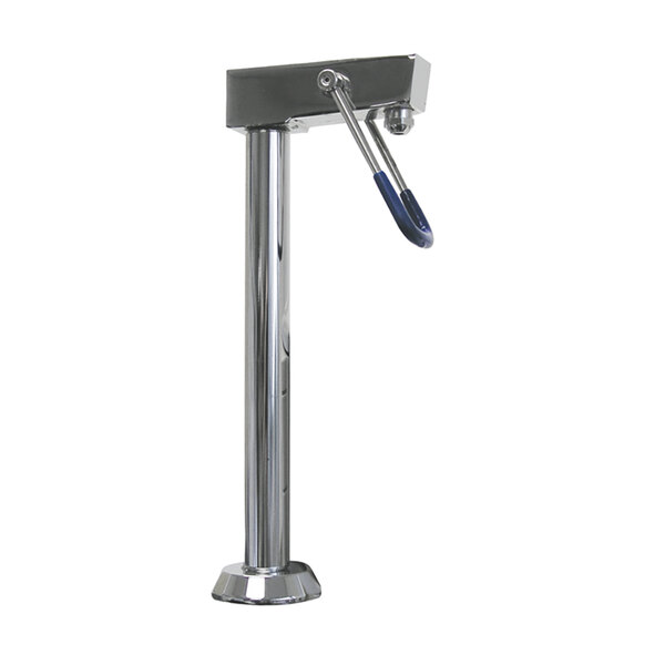 A stainless steel water tap with a blue handle on a counter.