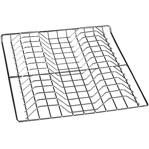 A stainless steel wire rack with a square pattern.