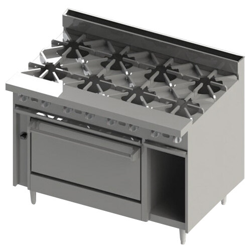 A Blodgett 8 burner natural gas range with a cabinet base and a door.