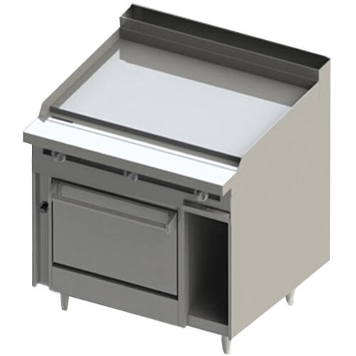 A stainless steel Blodgett gas range with a griddle top and oven on a counter.