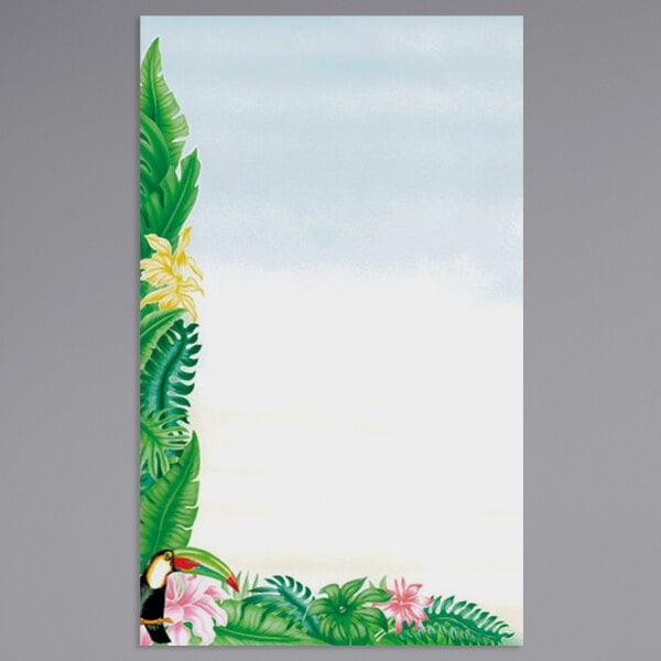 Menu paper with a white rectangular frame featuring green leaves and flowers with a yellow toucan.