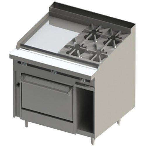 The left side of a Blodgett commercial range with two burners and a griddle.