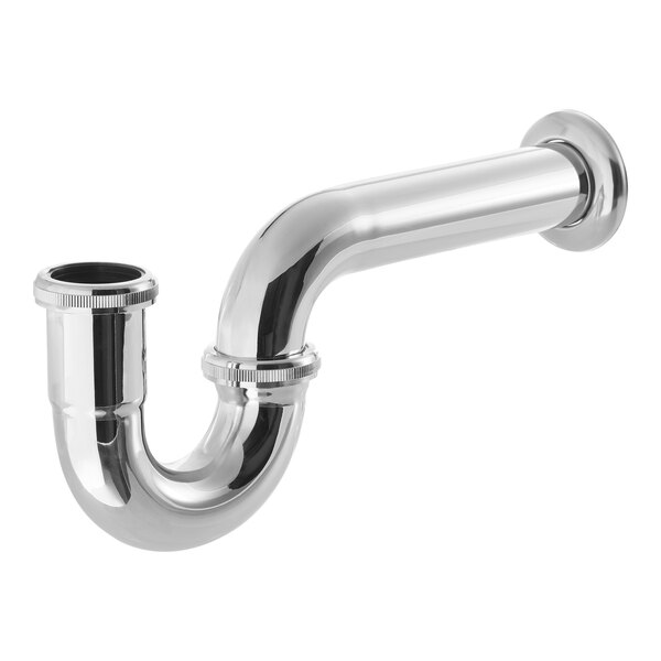 A shiny, chrome-finished P-trap pipe with a curved section and threaded connections, shown against a white background.