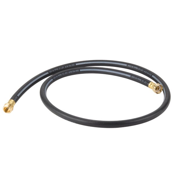 A black Dema hot water hose with silver connectors.