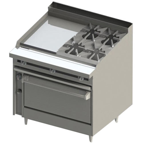 A Blodgett natural gas range with two burners and a griddle over an oven.