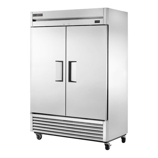 A stainless steel True T-49-HC reach-in refrigerator with two doors.