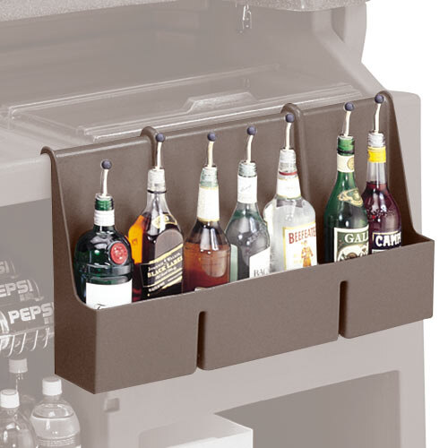 A dark brown Cambro 7-bottle speed rail filled with liquor bottles on a counter.