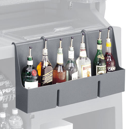 A group of Cambro 7-Bottle Speed Rails holding liquor bottles on a counter.