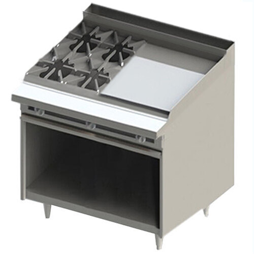 A stainless steel Blodgett gas range with four burners, a griddle, and a cabinet base.