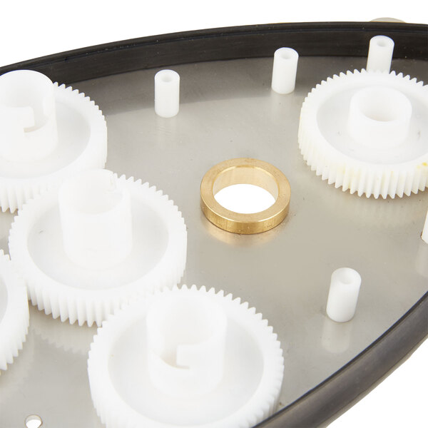 A bronze gear bearing with white gears and a gold ring.