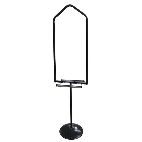 A black metal Marco produce bag and scale holder stand.