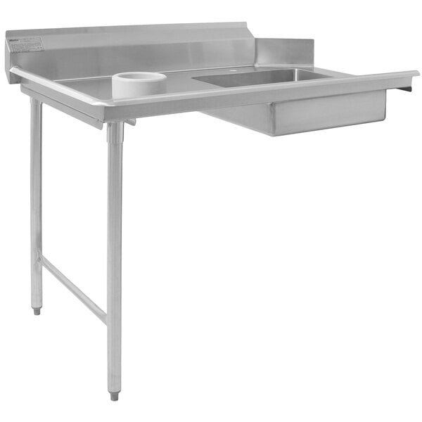 A Eagle Group stainless steel dishtable with a scrap block and a drain on the left.
