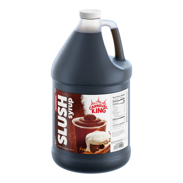 A one-gallon jug of Carnival King root beer slush syrup concentrate.