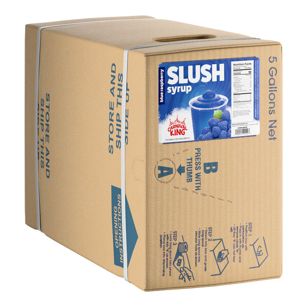 A 5-gallon box of Carnival King blue raspberry slush syrup concentrate.