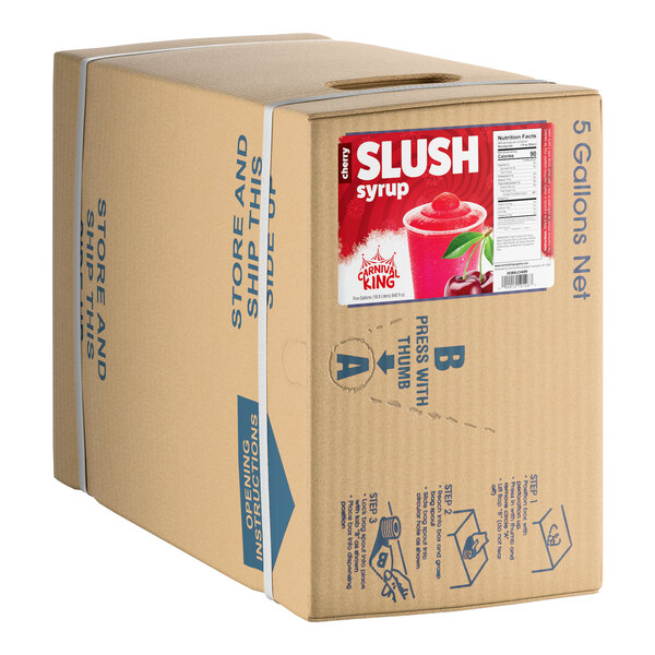 A 5-gallon box of Carnival King cherry slush syrup concentrate.