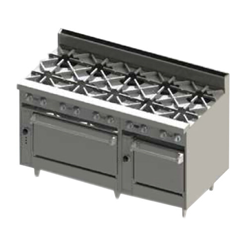 A large stainless steel Blodgett commercial gas range with a double oven.