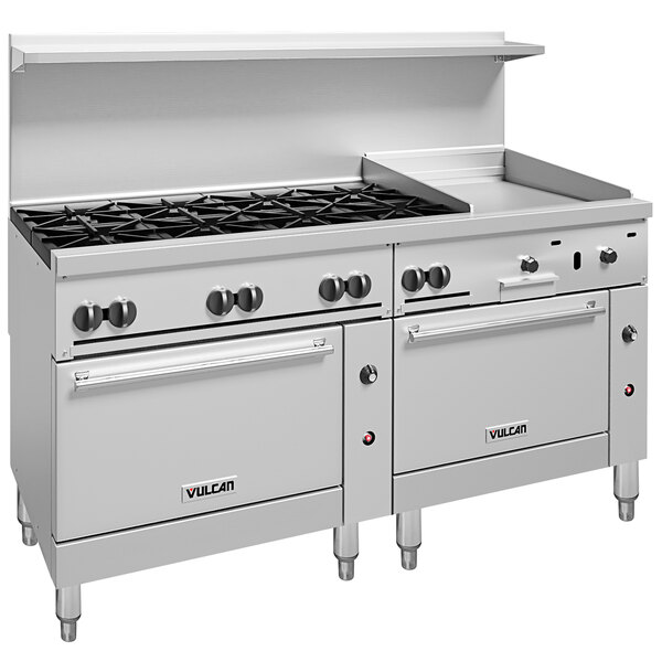 A large stainless steel Vulcan commercial gas range with two standard ovens.