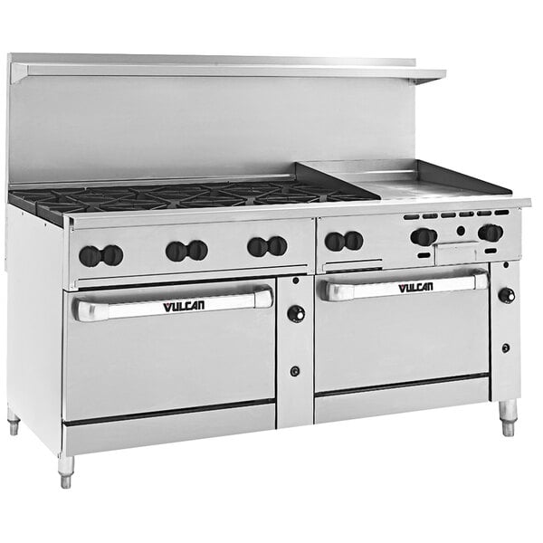 A large stainless steel Vulcan Endurance commercial gas range with 8 burners, a 24-inch griddle, and 2 ovens.