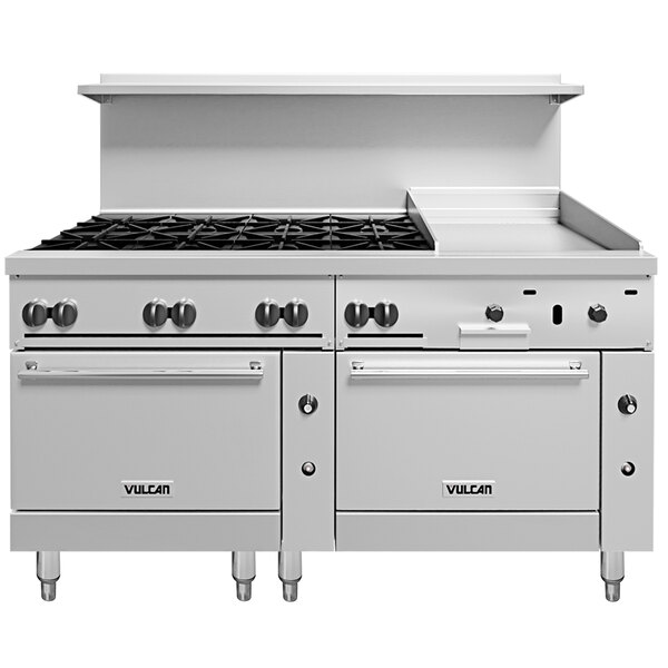 Vulcan 72SC-8B-24GT-P Endurance 8 Burner 72" Liquid Propane Thermostatic Range with 24" Griddle and One Standard / One Convection Oven - 350,000 BTU