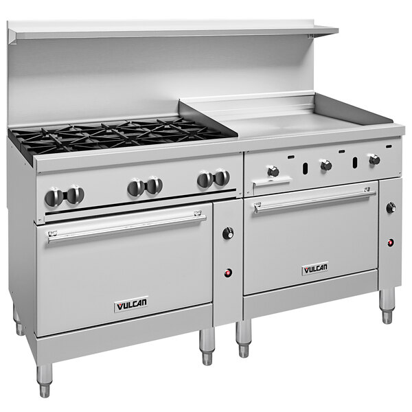A stainless steel Vulcan commercial range with 6 burners, a griddle, and 2 ovens.