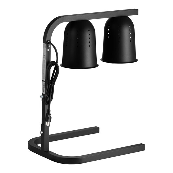 A black free-standing heat lamp with two bulbs and a power cord.