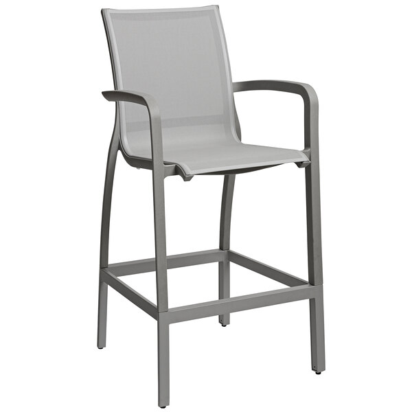 Grosfillex US469289 Sunset Solid Gray Resin Sling Bar Height Arm Chair with Platinum Gray Seat   - 4/Pack