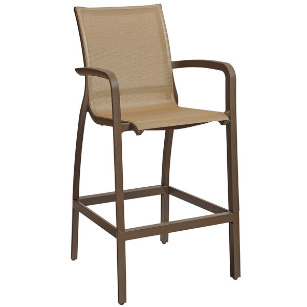 Grosfillex US469599 Sunset Cognac Resin Sling Bar Height Arm Chair with Fusion Bronze Seat   - 4/Pack