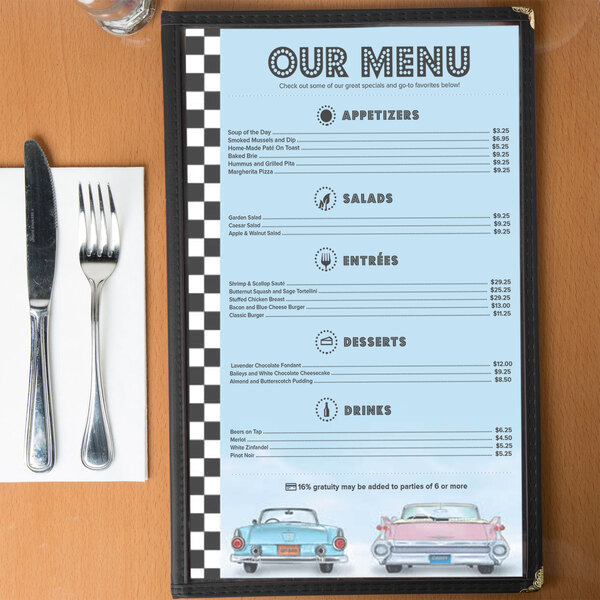 Menu paper with a retro themed car design on the left and a fork and knife.