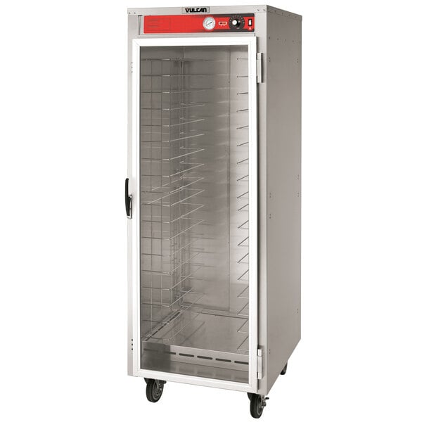 A large metal Vulcan heated holding cabinet with a glass door.