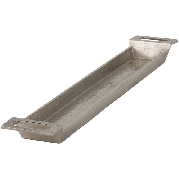 A long rectangular metal tray with two handles.