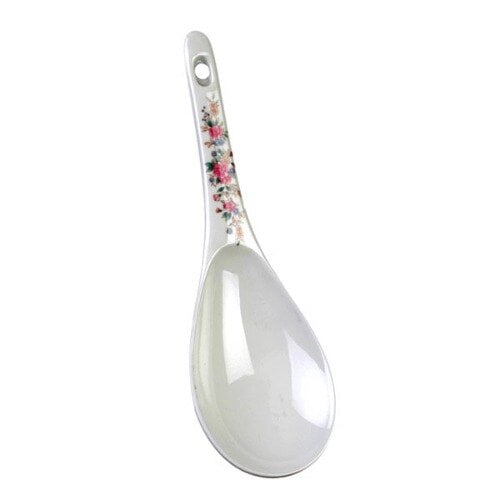 A white Thunder Group rice ladle with a floral design on the handle.