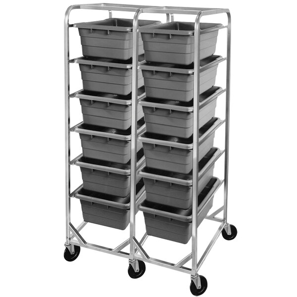 A Channel stainless steel lug rack with grey plastic bins on it.