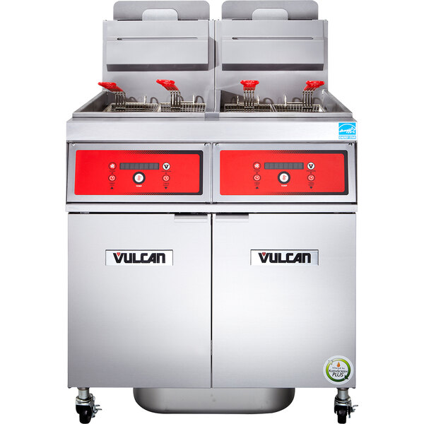 Vulcan 2VK85DF-2 PowerFry5 Liquid Propane 170-180 lb. 2 Unit Floor Fryer System with Digital Controls and KleenScreen Filtration - 180,000 BTU