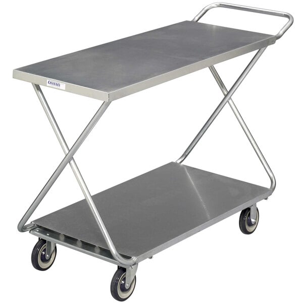 A chrome plated steel Channel stocking truck with a solid bottom shelf and wheels.