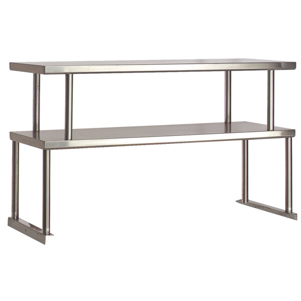 A stainless steel double overshelf with two shelves on legs.