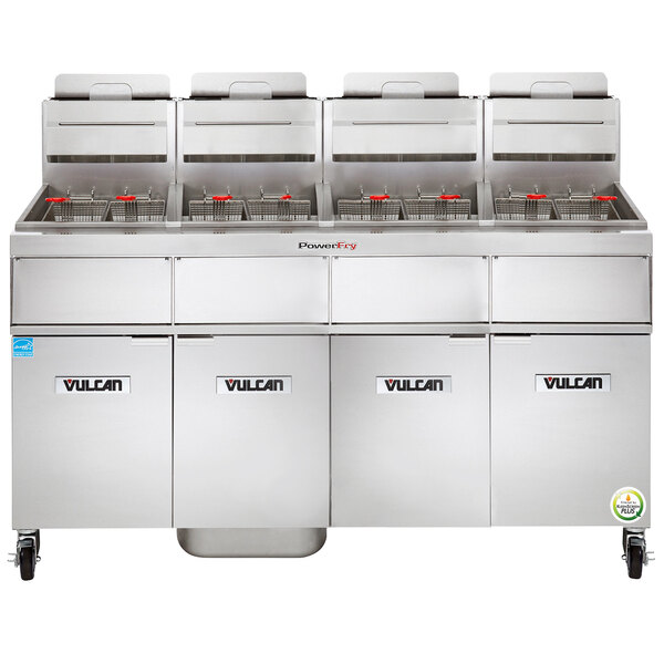 A large Vulcan liquid propane floor fryer with red handles and many baskets.