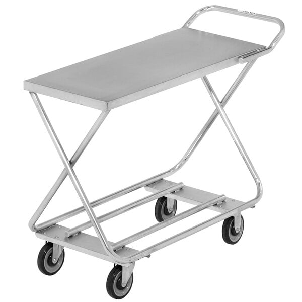 A silver metal Channel stocking cart with wheels.