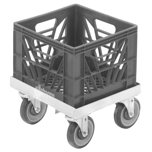 A black plastic crate on a black metal dolly with wheels.